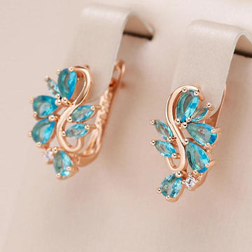New Fashion Rolled 14K Rose Gold Blue AAA Zircon Crystals Flower Drop Earrings For Women, Party Trendy Jewellery